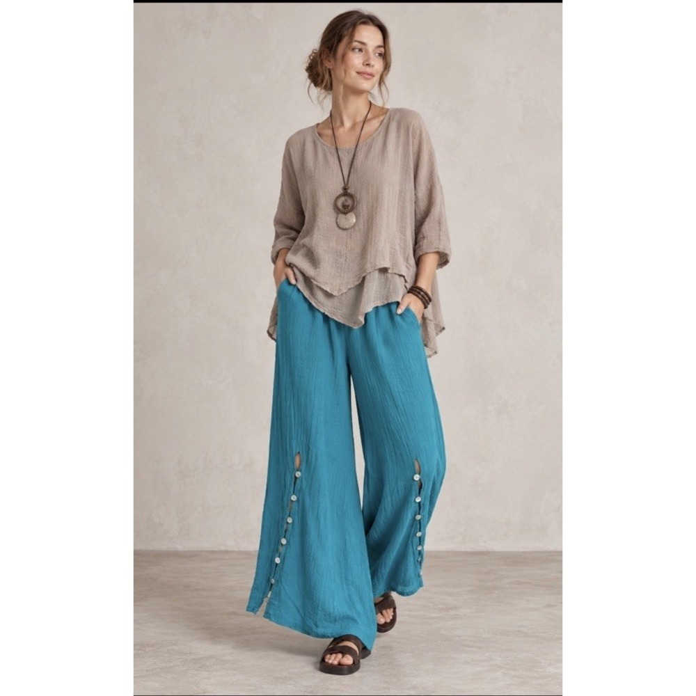Oh My Gauze Dallas Pants Sz 3 XXL Turquoise Wide Leg Button Hem Boho Lagenlook